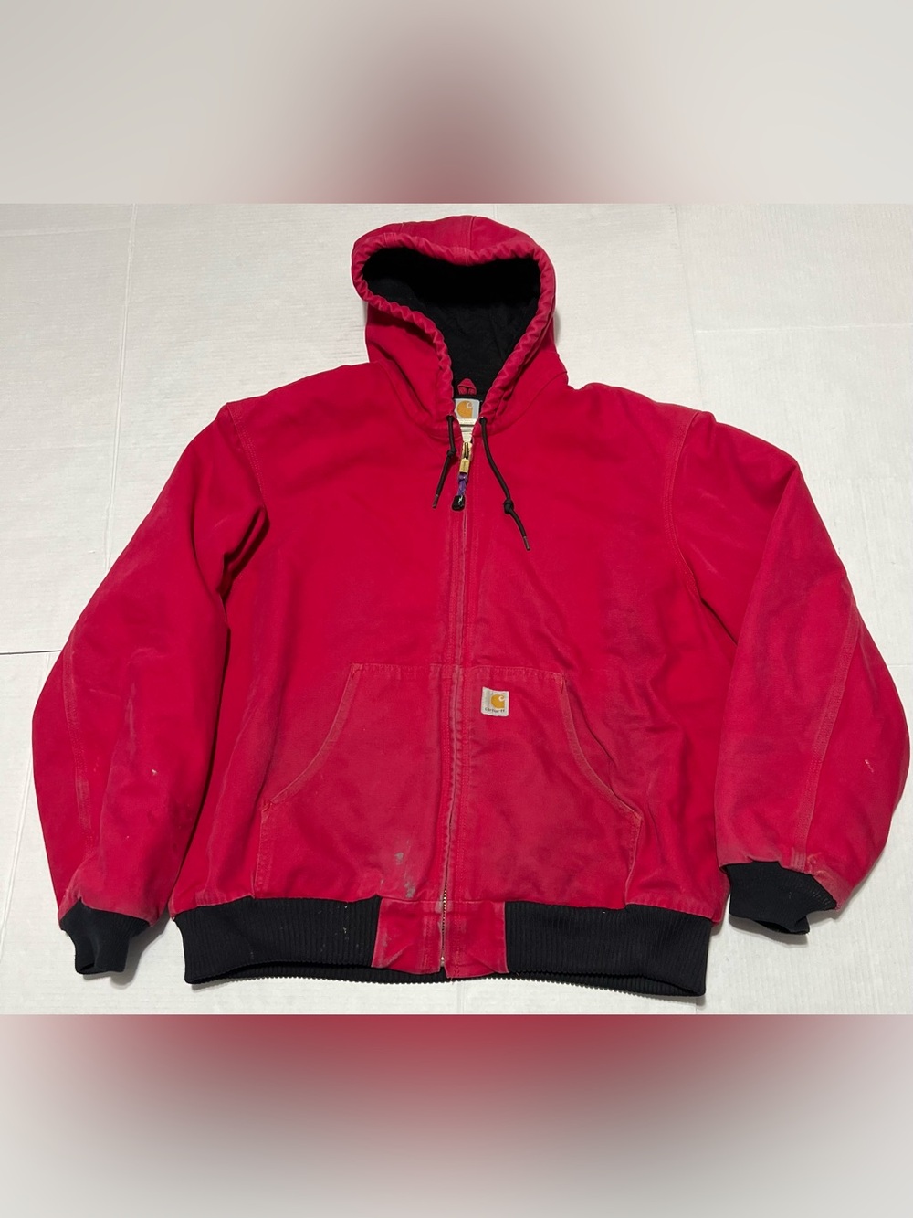 Vintage Carhartt Lined Canvas Mens Xl Red J140 Hooded Zip Up Workwear Jacket
